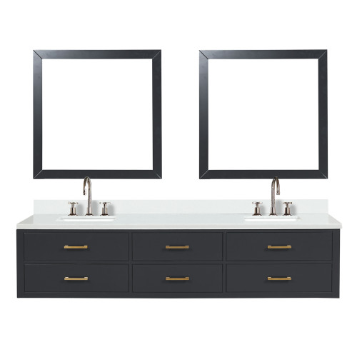 Lexora Castor 84 inch W Black Double Sink Wall Hung Vanity Cabinet, White Quartz Top, Faucet Set, and 36 in Mirrors - LVC84DL211