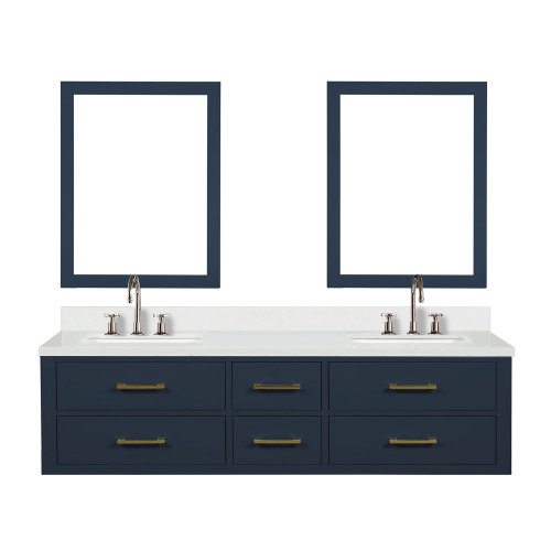 Lexora Castor 72 inch W Blue Double Sink Wall Hung Vanity Cabinet, White Quartz Top, Faucet Set, and 34 in Mirrors - LVC72DE211