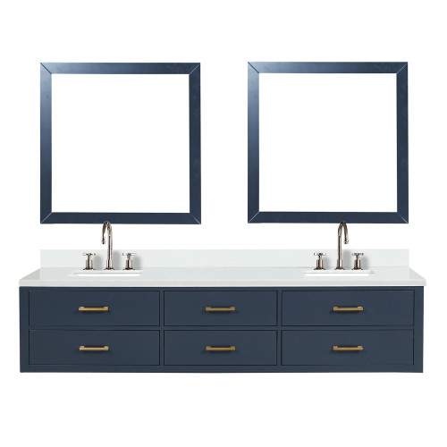 Lexora Castor 84 inch W Blue Double Sink Wall Hung Vanity Cabinet, White Quartz Top, Faucet Set, and 36 in Mirrors - LVC84DE211