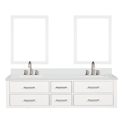 Lexora Castor 72 inch W White Double Sink Wall Hung Vanity Cabinet, White Quartz Top, Faucet Set, and 34 in Mirrors - LVC72DA211
