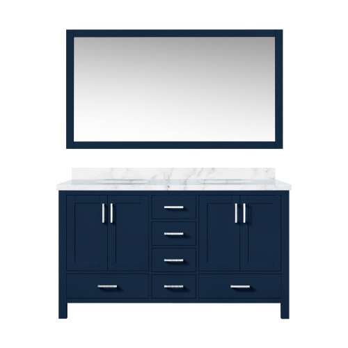 Lexora Jacques 60 in. W Navy Blue Double Sink Vanity Cabinet, Carrara Marble Top, and 58 in. Mirror - LJ342260DEDSM58