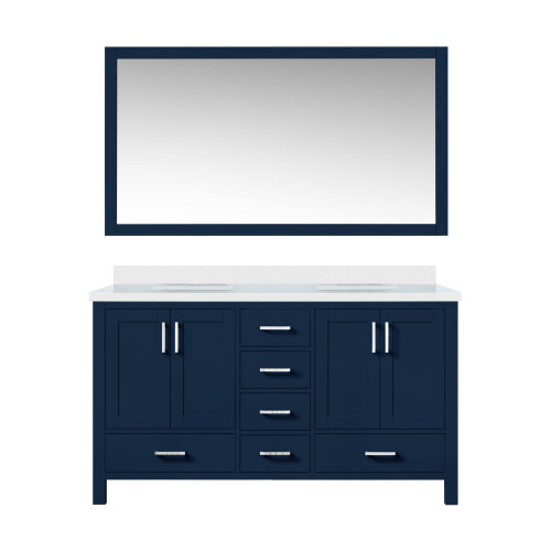 Lexora Jacques 60 in. W Navy Blue Double Sink Vanity Cabinet, White Quartz Top, and 58 in. Mirror - LJ342260DEWQM58