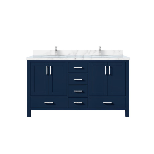 Lexora Jacques 60 in. W Navy Blue Double Sink Vanity Cabinet, Carrara Marble Top, and Faucet Set - LVJ60DE101