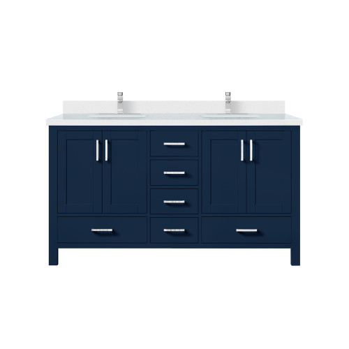 Lexora Jacques 60 in. W Navy Blue Double Sink Vanity Cabinet, White Quartz Top, and Faucet Set - LVJ60DE201