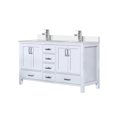 Lexora Jacques 60 in. W White Double Sink Vanity Cabinet, Cultured Marble Top, and Faucet Set - LVJ60DA301