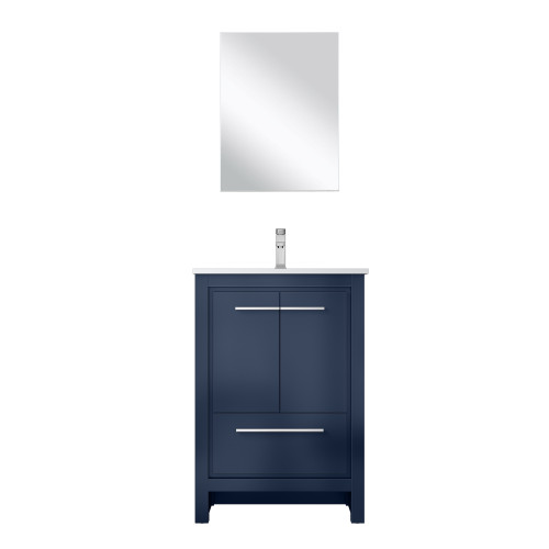 Lexora Lafarre 24 inch W x 20 in D Navy Blue Bath Vanity Cabinet, White Quartz Top, Chrome Faucet Set and 18 in Mirror - LVLF24SNB211