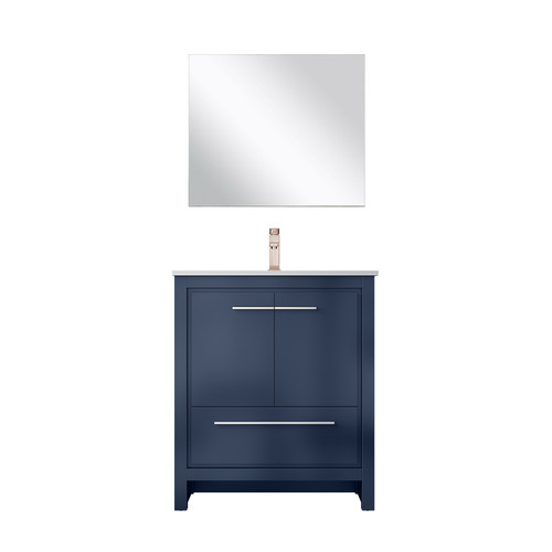 Lexora Lafarre 30 inch W x 20 in D Navy Blue Bath Vanity Cabinet, White Quartz Top, Rose Gold Faucet Set and 28 in Mirror - LVLF30SNB214