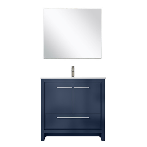 Lexora Lafarre 36 inch W x 20 in D Navy Blue Vanity Cabinet, White Quartz Top, Gun Metal Faucet Set and 28 in Mirror - LVLF36SNB213