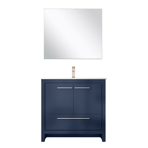 Lexora Lafarre 36 inch W x 20 in D Navy Blue Bath Vanity Cabinet, White Quartz Top, Rose Gold Faucet Set and 28 in Mirror - LVLF36SNB214