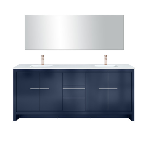 Lexora Lafarre 80 inch W x 20 in D Navy Blue Double Sink Vanity Cabinet, Cultured Marble Top, Rose Gold Faucet Set and 70 in Mirror - LVLF80DNB314