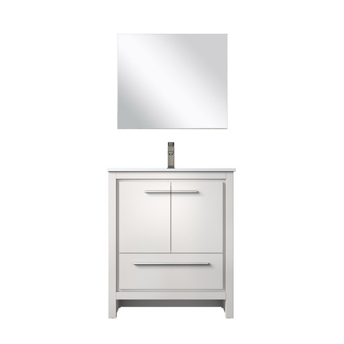 Lexora Lafarre 30 inch W x 20 in D White Vanity Cabinet, Cultured Marble Top, Gun Metal Faucet Set and 28 in Mirror - LVLF30SW313