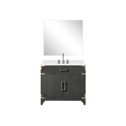 Lexora Laurel 36 inch W Black Oak Vanity Cabinet White Quartz Countertop, 34 in Mirror and Faucet Set - LVL36SJ211