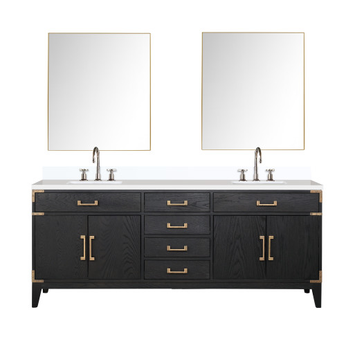 Lexora Laurel 80 inch W Black Oak Double Sink Vanity Cabinet, White Quartz Top, Faucet Set, and 36 in Mirrors - LVL80DJ211