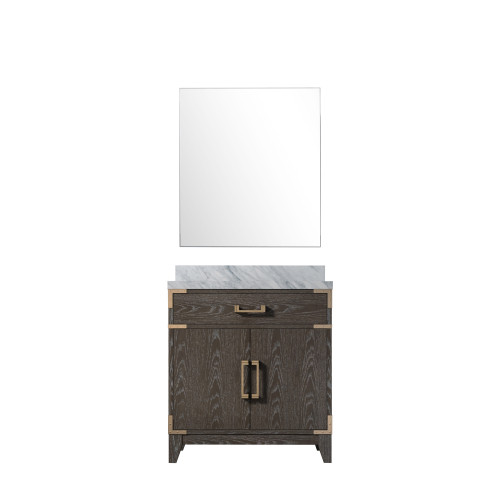Lexora Laurel 30 inch W Brown Oak Vanity Cabinet Carrara Marble Countertop and 28 in Mirror - LVL30SK110