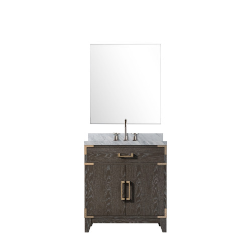 Lexora Laurel 30 inch W Brown Oak Vanity Cabinet Carrara Marble Countertop, 28 in Mirror and Faucet Set - LVL30SK111