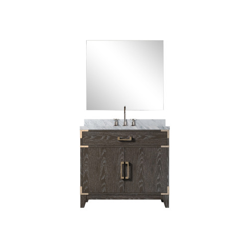 Lexora Laurel 36 inch W Brown Oak Vanity Cabinet Carrara Marble Countertop, 34 in Mirror and Faucet Set - LVL36SK111