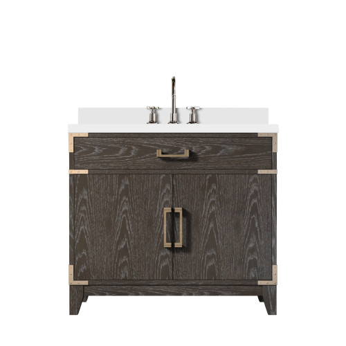 Lexora Laurel 36 inch W Brown Oak Vanity Cabinet, White Quartz Top, and Faucet Set - LVL36SK201