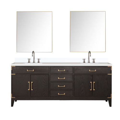 Lexora Laurel 80 inch W Brown Oak Double Sink Vanity Cabinet, White Quartz Top, Faucet Set, and 36 in Mirrors - LVL80DK211