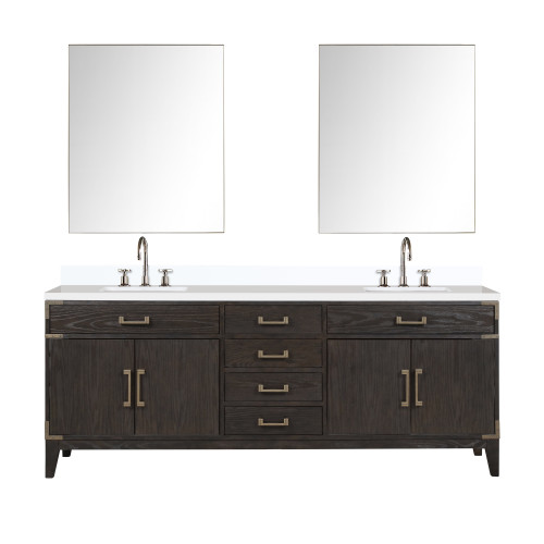 Lexora Laurel 84 inch W Brown Oak Double Sink Vanity Cabinet, White Quartz Top, Faucet Set, and 36 in Mirrors - LVL84DK211