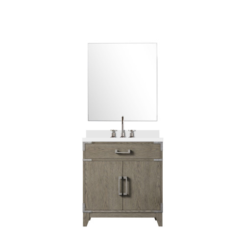 Lexora Laurel 30 inch W Grey Oak Vanity Cabinet White Quartz Countertop, 28 in Mirror and Faucet Set - LVL30SR211