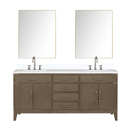 Lexora Laurel 72 inch W Grey Oak Double Sink Vanity Cabinet, White Quartz Top, Faucet Set, and 34 in Mirrors - LVL72DR211