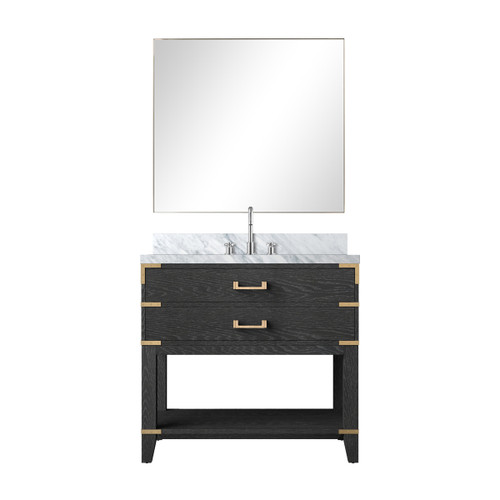 Lexora Norwalk 36 inch W Black Oak Vanity Cabinet Carrara Marble Countertop, 34 in Mirror and Faucet Set - LVN36SJ111