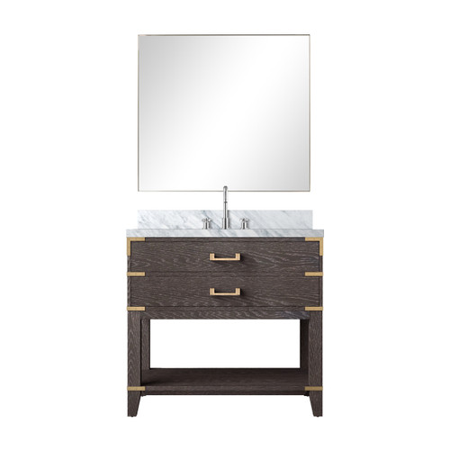 Lexora Norwalk 36 inch W Brown Oak Vanity Cabinet Carrara Marble Countertop, 34 in Mirror and Faucet Set - LVN36SK111