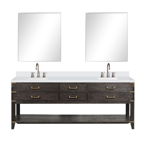 Lexora Norwalk 84 inch W Brown Oak Double Sink Vanity Cabinet, White Quartz Top, Faucet Set, and 36 in Mirrors - LVN84DK211