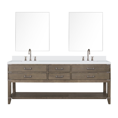 Lexora Norwalk 84 inch W Grey Oak Double Sink Vanity Cabinet, Cultured Marble Top, Faucet Set, and 36 in Mirrors - LVN84DR311
