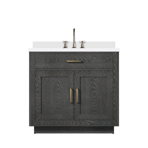Lexora Abbey 36 inch W Black Oak Vanity Cabinet, White Quartz Top, and Faucet Set - LVA36SJ201