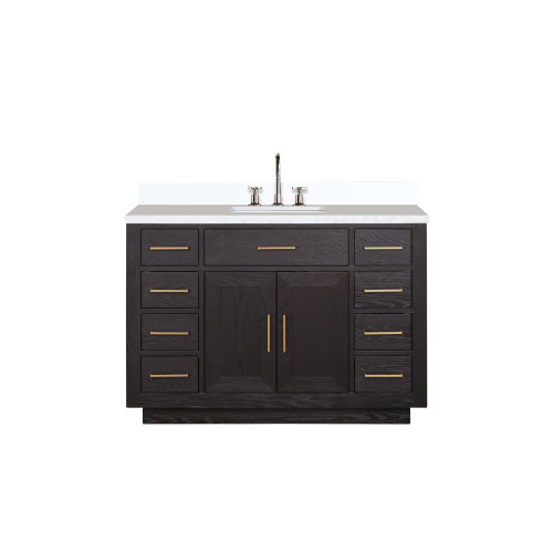 Lexora Abbey 48 inch W Black Oak Vanity Cabinet, White Quartz Top, and Faucet Set - LVA48SJ201