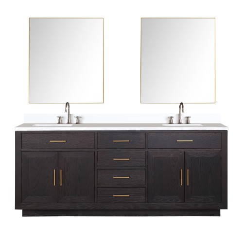 Lexora Abbey 80 inch W Black Oak Double Sink Vanity Cabinet, Cultured Marble Top, Faucet Set, and 36 in Mirrors - LVA80DJ311