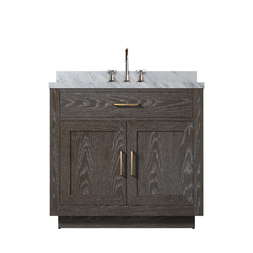 Lexora Abbey 36 inch W Brown Oak Vanity Cabinet, Carrara Marble Top, and Faucet Set - LVA36SK101