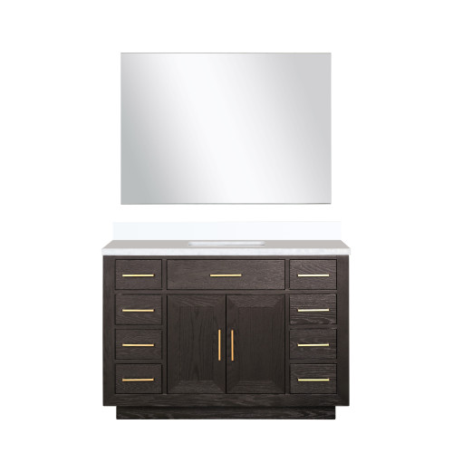 Lexora Abbey 48 inch W Brown Oak Vanity Cabinet, White Quartz Top, and 46 in Mirror - LVA48SK210
