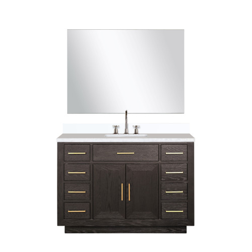 Lexora Abbey 48 inch W Brown Oak Vanity Cabinet, White Quartz Top, Faucet Set, and 46 in Mirror - LVA48SK211