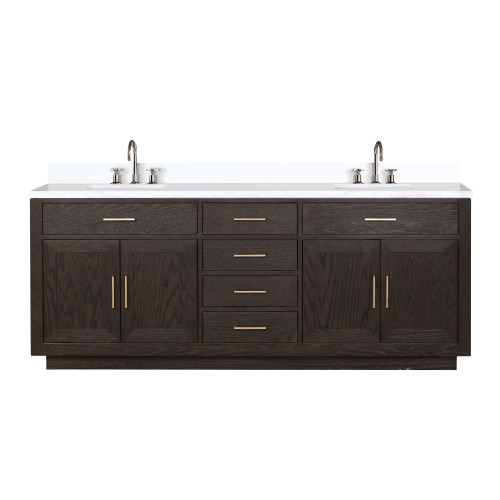 Lexora Abbey 84 inch W Brown Oak Double Sink Vanity Cabinet, White Quartz Top, and Faucet Set - LVA84DK201