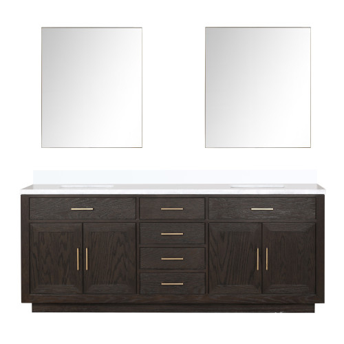 Lexora Abbey 84 inch W Brown Oak Double Sink Vanity Cabinet, White Quartz Top, and 36 in Mirrors - LVA84DK210