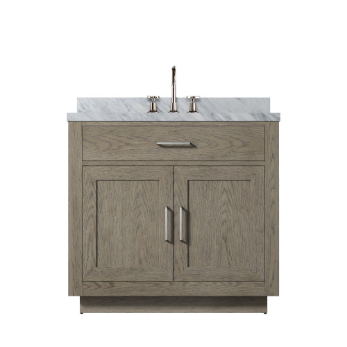 Lexora Abbey 36 inch W Grey Oak Vanity Cabinet, Carrara Marble Top, and Faucet Set - LVA36SR101