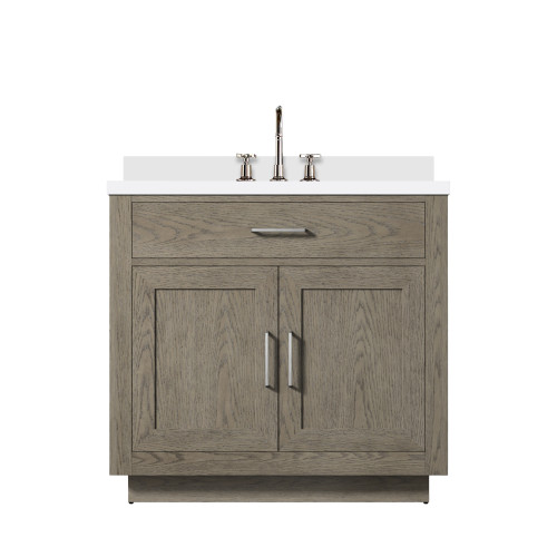 Lexora Abbey 36 inch W Grey Oak Vanity Cabinet, White Quartz Top, and Faucet Set - LVA36SR201