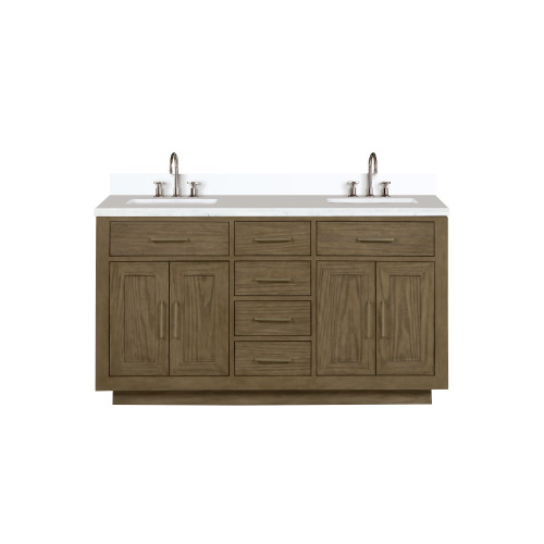 Lexora Abbey 60 inch W Grey Oak Double Sink Vanity Cabinet, White Quartz Top, and Faucet Set - LVA60DR201