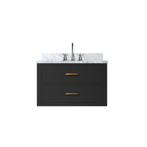 Lexora Castor 30 inch W Black Single Bath Wall Hung Vanity Cabinet, Carrara Marble Top, and Faucet Set - LVC30SL101
