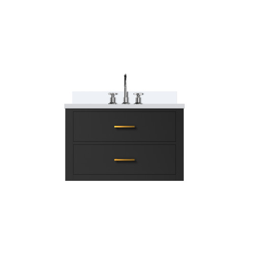Lexora Castor 30 inch W Black Single Bath Wall Hung Vanity Cabinet, Cultured Marble Top, and Faucet Set - LVC30SL301