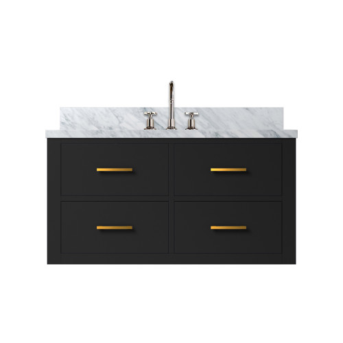 Lexora Castor 36 inch W Black Single Bath Wall Hung Vanity Cabinet, Carrara Marble Top, and Faucet Set - LVC36SL101