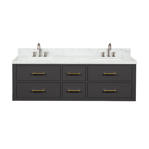 Lexora Castor 60 inch W Black Double Sink Wall Hung Vanity Cabinet, Carrara Marble Top, and Faucet Set - LVC60DL101
