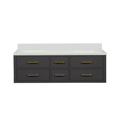Lexora Castor 60 inch W Black Double Sink Wall Hung Vanity Cabinet and White Quartz Top - LVC60DL200