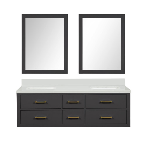 Lexora Castor 60 inch W Black Double Sink Wall Hung Vanity Cabinet, Cultured Marble Top, and 28 in Mirrors - LVC60DL310