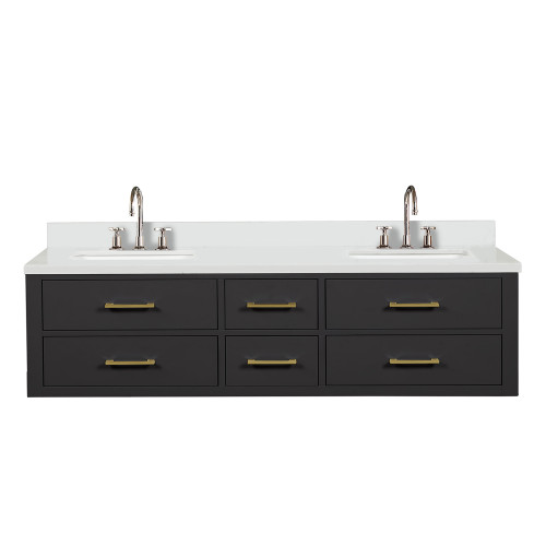 Lexora Castor 72 inch W Black Double Sink Wall Hung Vanity Cabinet, White Quartz Top, and Faucet Set - LVC72DL201