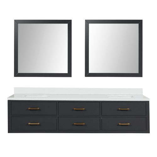 Lexora Castor 80 inch W Black Double Sink Wall Hung Vanity Cabinet, Cultured Marble Top, and 36 in Mirrors - LVC80DL310