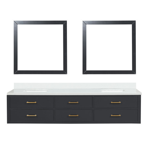 Lexora Castor 84 inch W Black Double Sink Wall Hung Vanity Cabinet, Cultured Marble Top, and 36 in Mirrors - LVC84DL310
