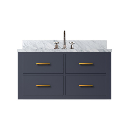 Lexora Castor 36 inch W Blue Single Bath Wall Hung Vanity Cabinet, Carrara Marble Top, and Faucet Set - LVC36SE101